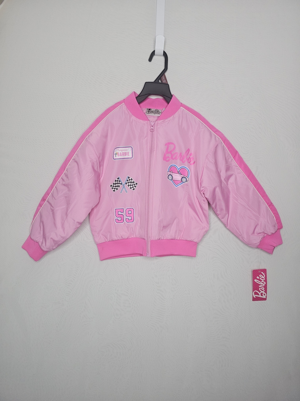 Barbie Girls Pink Bomber Jacket NWT Size 6/6X Quilted Padded Race Car Graphic